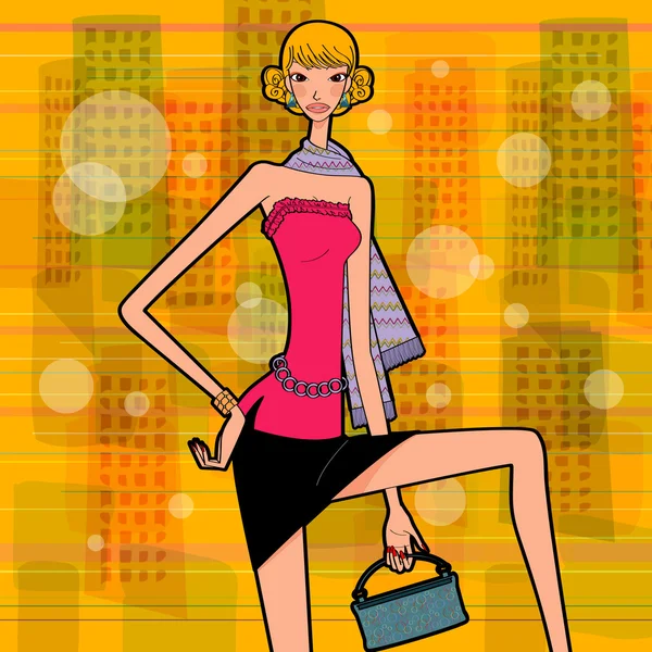 Stylish city girl, stylish woman  with a handbag and muffler — Stock Vector