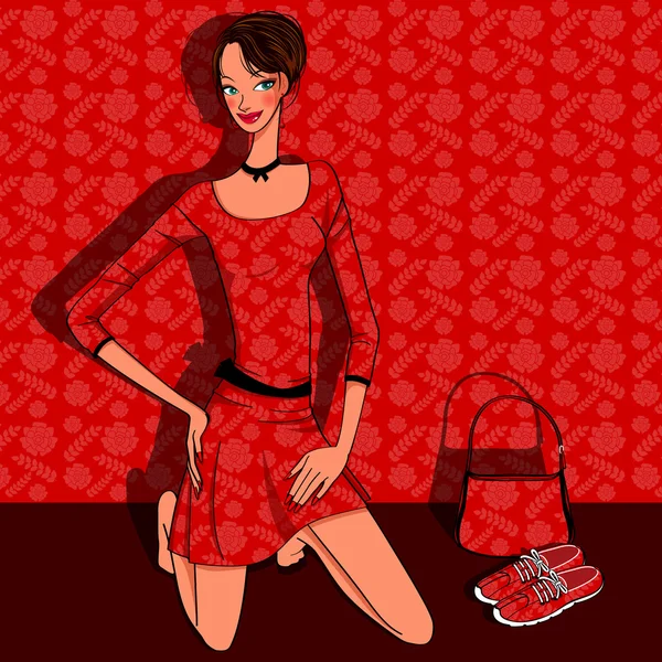 Gyönyörű fiatal nő piros ruhában — Stock Vector