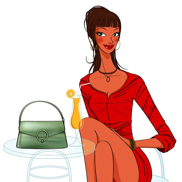 Hermosa mujer joven jugo de naranja y bolso de mano en la mesa — Vector de stock