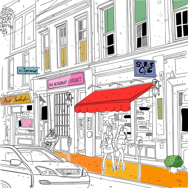 Calle cafetería, bocetos urbanos ilustraciones — Vector de stock