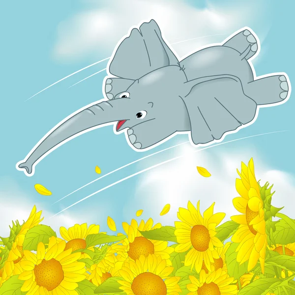The flying elephant, a sunflower field on the flying elephant — Stock Vector