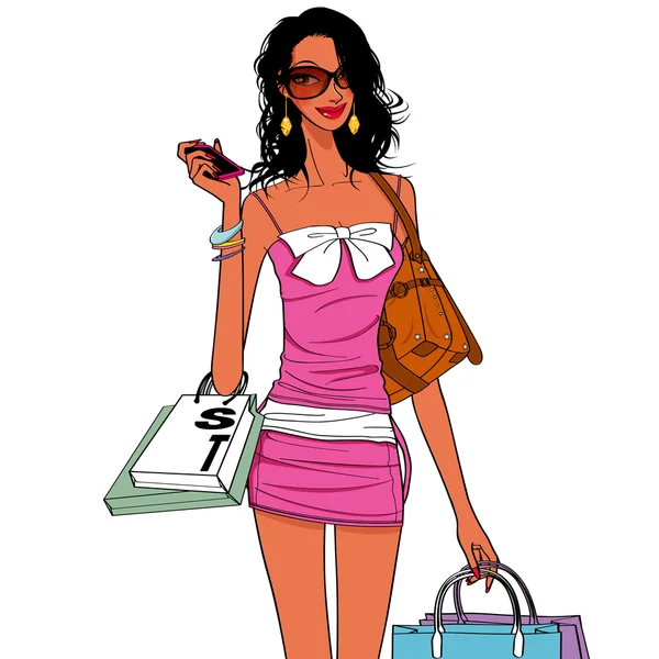 Meninas de compras, saco de compras segurando um telefone celular com uma menina agradável — Vetor de Stock