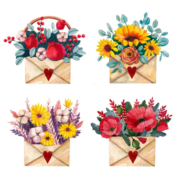 Watercolor Bouquets Flowers Envelopes Sunflowers Poppies Cotton Chrysanthemum Illustration Postcards — Stock fotografie