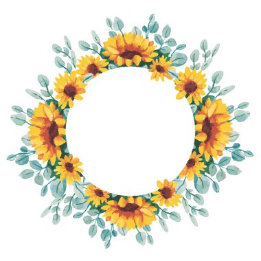 Çiçek çelengi, ayçiçekli çerçeve, yapraklar, metnin için yer. Düğünler için mükemmel, alıntılar, doğum günü, davetiye, tebrik kartı, baskı.