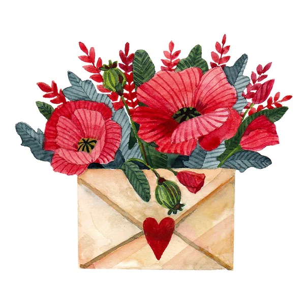 Envelope Ilustração Aquarela Papoilas Isoladas Branco Para Dia Dos Namorados — Fotografia de Stock