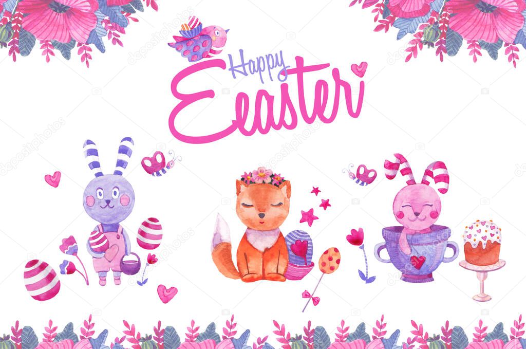 Cute Hand drawn watercolor happy easter set with bunnies, fox, butterfly and bird. Isolated on white.