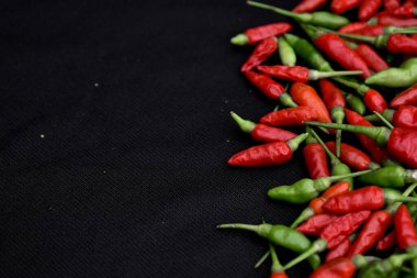 Yeşil ve kırmızı biberler siyah arka plandaki çiftlikten yeni toplandı