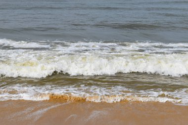 Tropikal kum kumsalı arka planında uzun kumsal mavi okyanus ve gökyüzü ufku Hindistan kerala varkala mercanlar ve deniz kabukları deniz hayvanları ve yumuşakçalar insan ayak izi ile siyah ve alüvyon kum