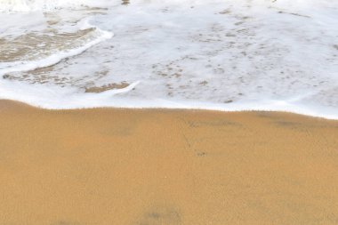 Tropikal kum kumsalı arka planında uzun kumsal mavi okyanus ve gökyüzü ufku Hindistan kerala varkala mercanlar ve deniz kabukları deniz hayvanları ve yumuşakçalar insan ayak izi ile siyah ve alüvyon kum