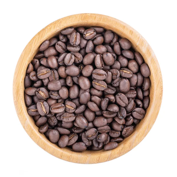 Coffee Beans Wooden Bowl Isolated White Top View — Stock Photo, Image