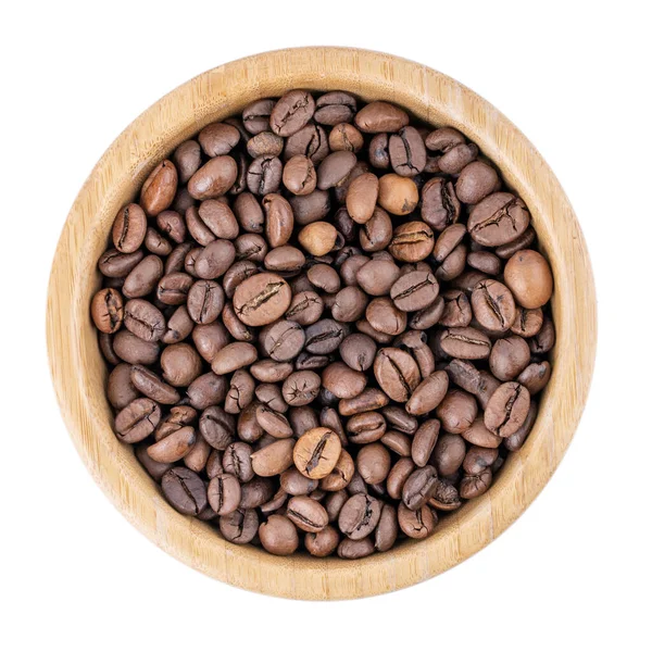 Coffee Beans Wooden Bowl Isolated White Top View — Stock Photo, Image