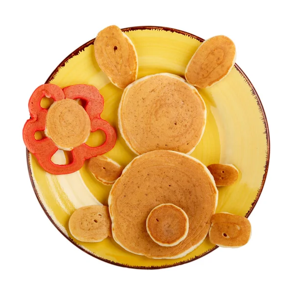 Lustige Hasen Pfannkuchen Gelbem Teller Isoliert Auf Weiß Kreatives Frühstück — Stockfoto
