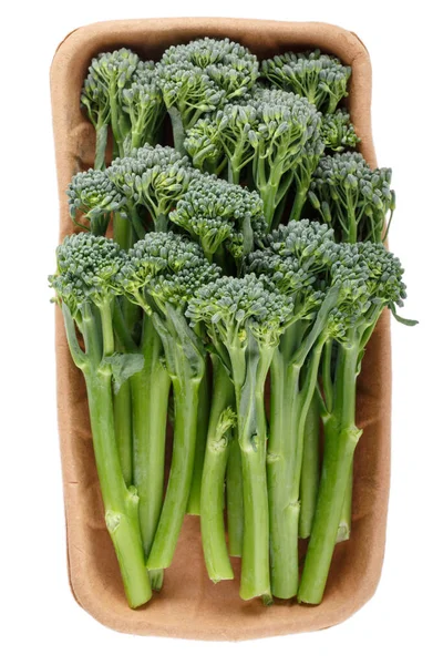 Broccolini Freschi Crudi Broccoli Bambini Vassoio Cartone Isolato Bianco Vista — Foto Stock