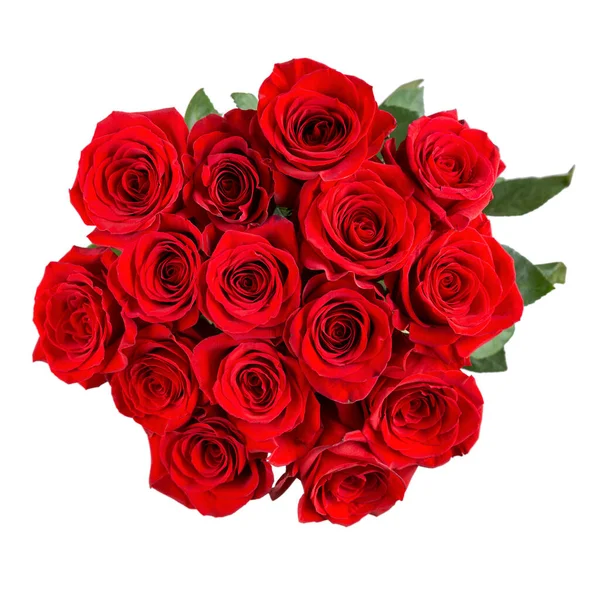 Bir buket kırmızı gül. Beyaz arka planda izole edilmiş güzel çiçekler. Üst görünüm.