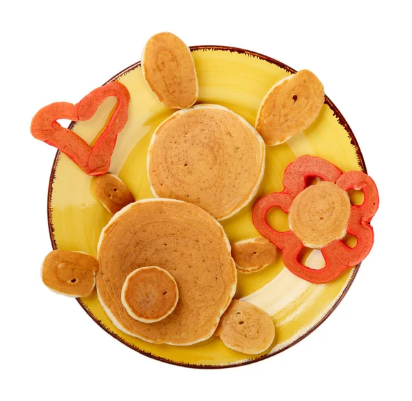 Grappig Konijntje Pannenkoeken Geel Bord Geïsoleerd Wit Creatief Ontbijt Voor — Stockfoto