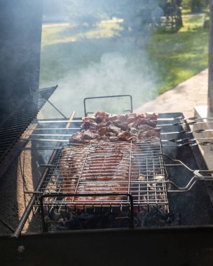 Shashlik (ya da shashlik) ve somon filetosu kömürün üzerinde ızgara yapmaya hazırlanıyor. Metal şişte ızgara domuz eti. Açık hava..
