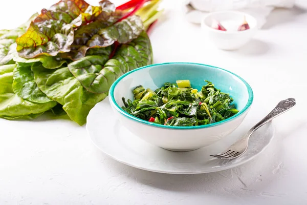 Bowl Fried Chard Leaves White Background Vegetarian Vegan Diet Healthy — Fotografia de Stock