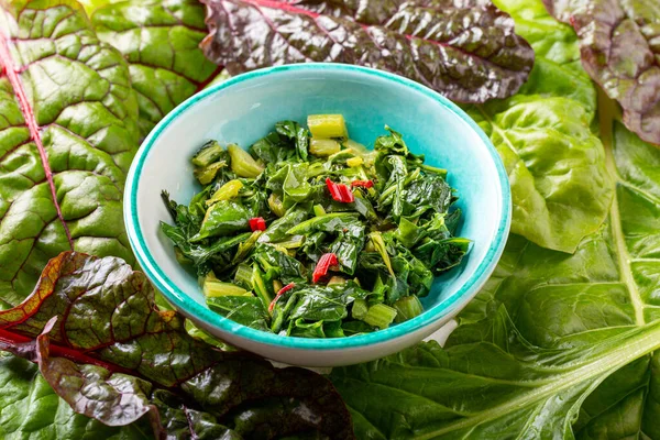 Bowl Fried Chard Leaves White Background Vegetarian Vegan Diet Healthy — Fotografia de Stock