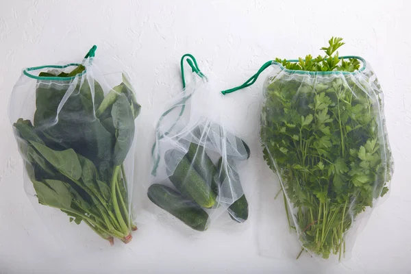 Spinach Parsley Cucumbers Textile Grocery Mesh Bags Green Fruits Vegetables — Stockfoto