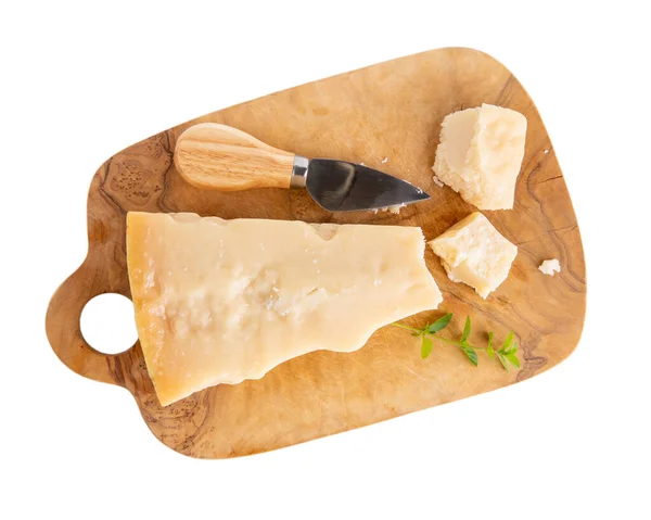 Piece Parmesan Cheese Wooden Board Isolated White Parmigiano Reggiano Hard — Stock Photo, Image