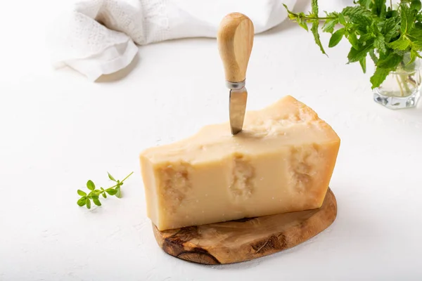 Piece Parmesan Cheese Wooden Board White Background Parmigiano Reggiano Hard — Stock Photo, Image