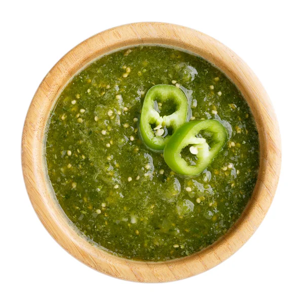 Tomatillo Salsa Verde Tigela Molho Verde Picante Isolado Mesa Branca — Fotografia de Stock