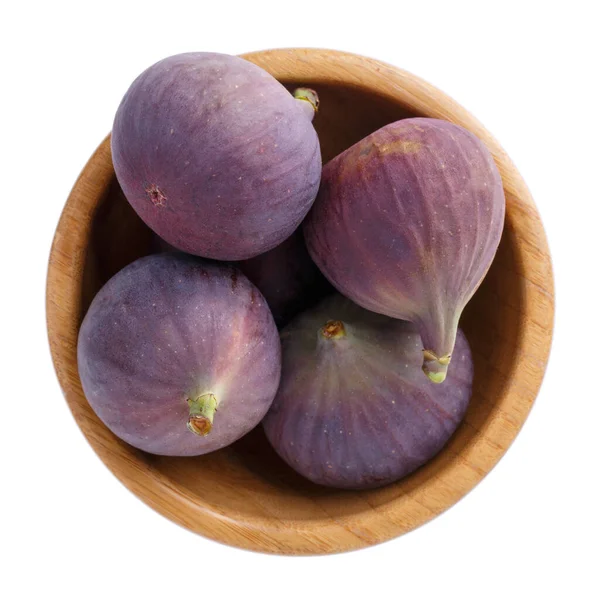 Fresh Purple Fig Fruits Wooden Bowl Isolated White Background Top — Stock Photo, Image