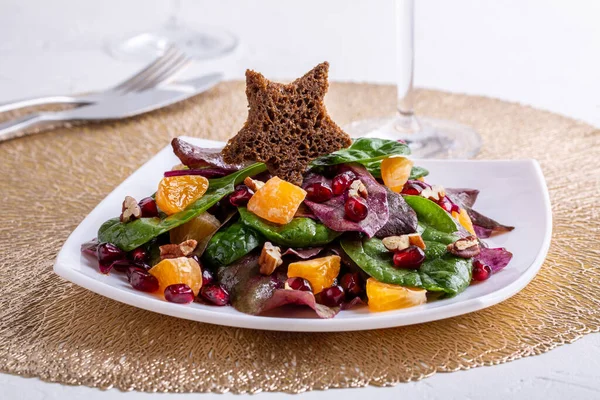 Mixed Salad Swiss Chard Leaves Tangerines Pomegranate Pecan Toast Star — Stock Photo, Image