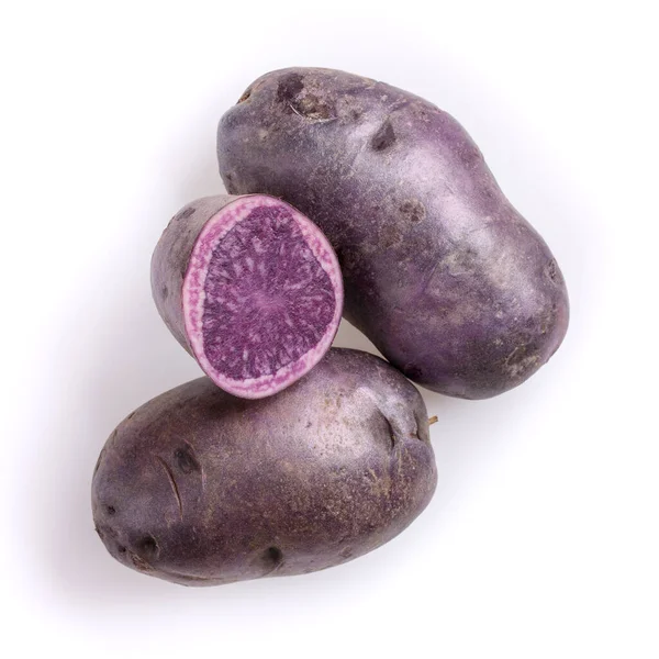 Raw Purple Potatoes Isolated White Background Top View Close — Foto de Stock