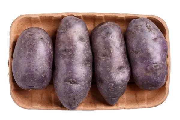 Raw Purple Potatoes Cardboard Food Tray Isolated White Background Top — Fotografia de Stock