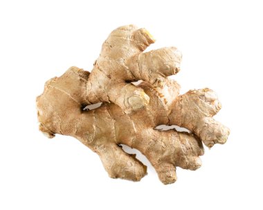 Beyaz arka planda taze zencefil kökü izole edildi. Üst görünüm.