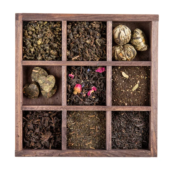 Assortment Dried Tea Wooden Box Isolated White Black Green Tea — Stock Photo, Image