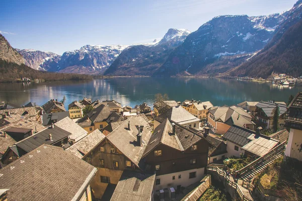 Hallstatt Village Bank Hallstatter Lake High Alps Mountains Picturesque Sunrise — Stock Photo, Image