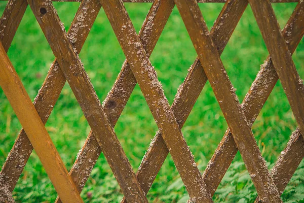 Gemusterter Alter Holzzaun Mit Grünem Gras Hintergrund — Stockfoto