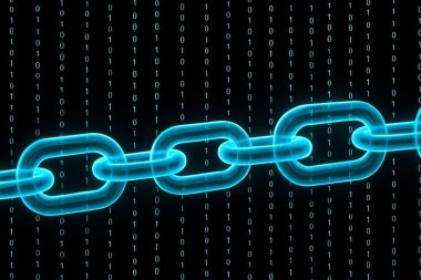 Parlayan cyan zincir halkaları ve siyah arkaplanda ardışık ikili kod ile blok zinciri teknolojisinin gelecekteki dijital illüstrasyonu.
