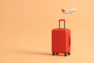 3D, seyahat ve macerayı sembolize eden pastel arka planda uçak bulunan modern bir bavulun dijital çizimi.