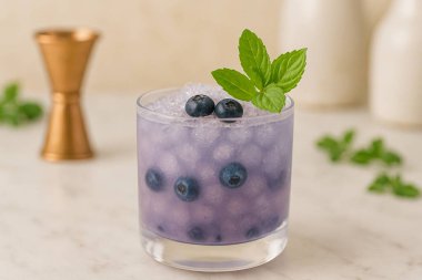 Ezilmiş buzlu, yüzen yaban mersinli ve nane filizli berrak bir bardakta yumuşak mor yaban mersinli lavantalı limonata. Doğal ışık altında mermer bir yüzey ve bulanık otlar ve bar malzemeleriyle yakalanmış.