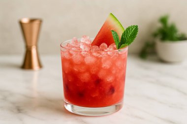 Ezilmiş buzla taze karpuz kokteyli, naneyle süslenmiş ve mermer üzerine karpuz dilimi..