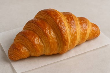 Tereyağlı kruvasan, parşömen kağıdında altın pullu kabuk yumuşak doğal ışık ve gri zemin..