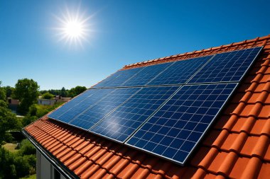 Güneş panelleri parlak güneş ışığı altında kırmızı kiremitli bir çatıya kurulmuş ve açık bir yaz gününde yenilenebilir temiz enerji üretiyor..