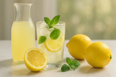 Limonata ile dolu cam mason kavanozu ve limon dilimi ile süslenmiş beyaz mermer bir yüzey üzerinde sulu yarım limon parlak, doğal ışık ve sıcak bir bokeh arka plan.