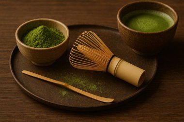 Yuvarlak metal bir tepsinin ortasında bir chasen ile yatay kibrit çay kompozisyonu, yanında seramik bir kibrit tozu, köpüklü kibrit çayı ve dağınık tozlu bir chashaku..