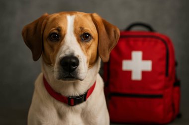 Kırmızı yakalı beyaz ve kahverengi kürklü bir Labrador Retriever 'ın yakın plan portresi. Tarafsız gri arka planda beyaz bir haçla kırmızı bir kurtarma çantasının önünde oturuyor..