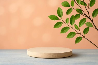 Sağında yeşil yapraklı bir dal bulunan yumuşak mavi bir yüzey üzerinde bej taştan bir podyumun yer aldığı minimalist doğal bir sahne. Yumuşak bokeh ışığıyla pastel şeftali arkaplanı. Ürün fotoğrafçılığı kurulumu