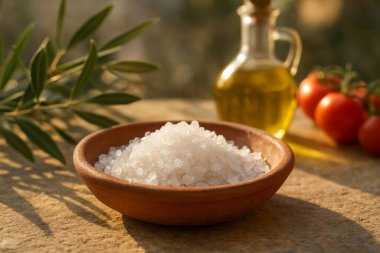 Taştan bir yüzeyde, deniz tuzu kristallerinin bulunduğu, zeytin dalları, zeytin yağı ve sıcak güneş ışığında domateslerin bulunduğu kırsal Akdeniz manzarası..