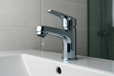 Modern krom banyo musluğu damlayan su minimalist, çağdaş banyo ortamında sığ bir alan derinliğiyle yakalanır. Su tasarrufu kavramı