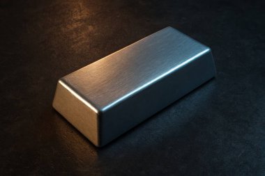 Koyu metalik bir yüzeyde duran gümüş çubuk, sıcak altın ve serin mavi ışıklarla aydınlanıyor, dokuyu ve parlaklığı vurguluyor..