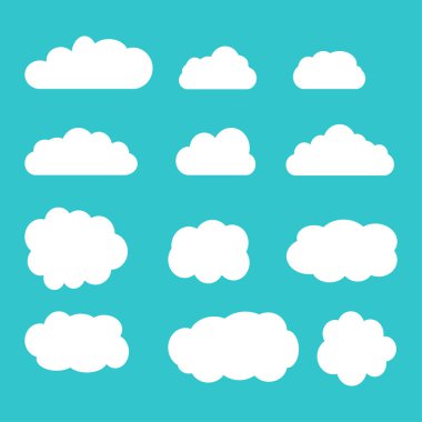 Gökyüzü, bulutlar. Bulut simgesi, şekil, etiket, sembol koleksiyonu. Grafik öğesi vektörü. Logo, web ve baskı için vektör tasarım öğesi. Farklı bulutlar kümesi. Bulut simgesi, bulut şekli.