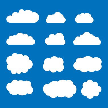 Gökyüzü, bulutlar. Bulut simgesi, şekil, etiket, sembol koleksiyonu. Grafik öğesi vektörü. Logo, web ve baskı için vektör tasarım öğesi. Farklı bulutlar kümesi. Bulut simgesi, bulut şekli.