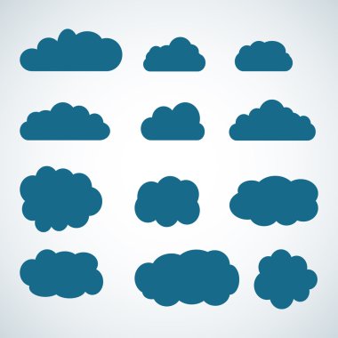 Gökyüzü, bulutlar. Bulut simgesi, şekil, etiket, sembol koleksiyonu. Grafik öğesi vektörü. Logo, web ve baskı için vektör tasarım öğesi. Farklı bulutlar kümesi. Bulut simgesi, bulut şekli.